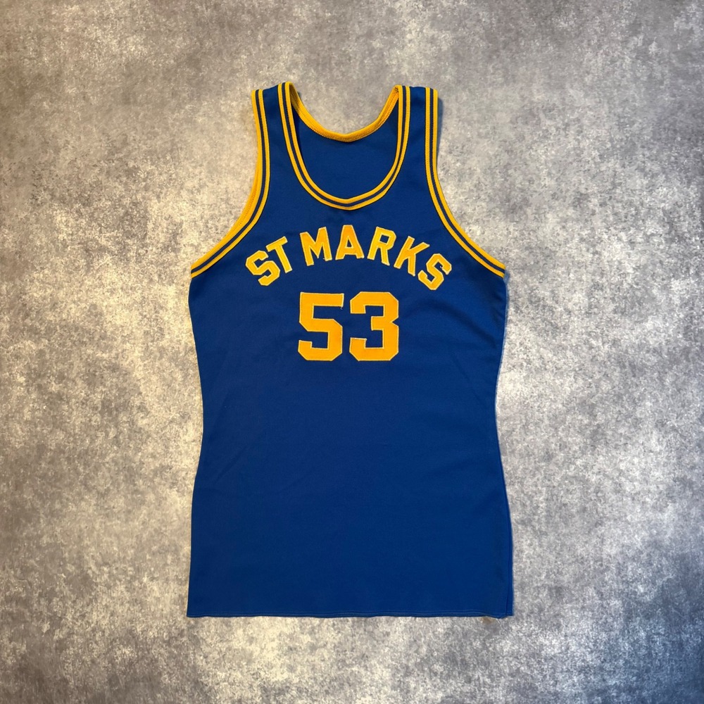 Vintage Wilson St Marks 53 Basketball Jersey Blue Yellow Mens Small Made in USA